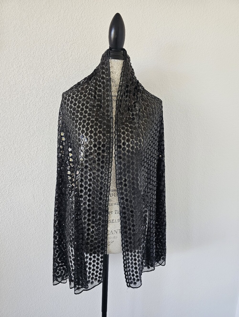 Glam Black Sequin Sheer Mesh Wrap Shawl Scarf – Floral Circle Embellished Formal